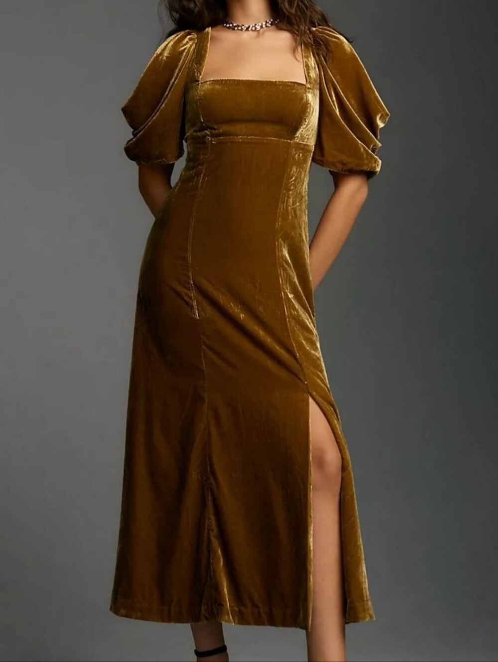 Anthropologie Short-Sleeve Square-Neck Velvet Midi Dress in Gold • Small